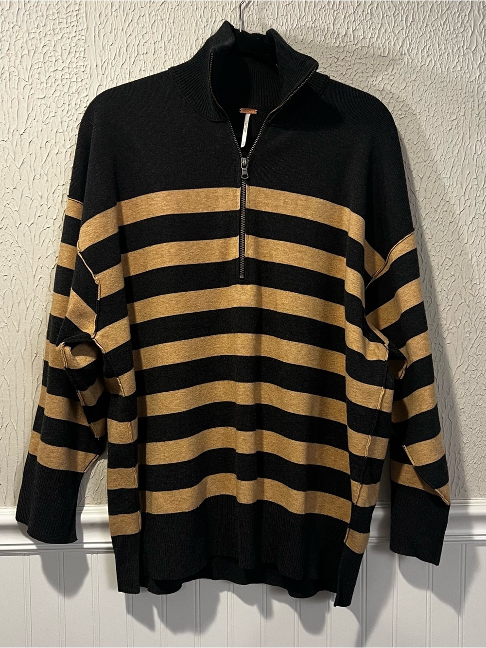 Free People 1/4 zip Black and Tan Coastal stripe pullover sweater size X small - Picture 5 of 13